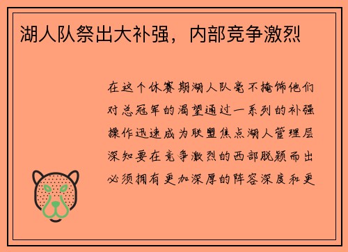湖人队祭出大补强，内部竞争激烈